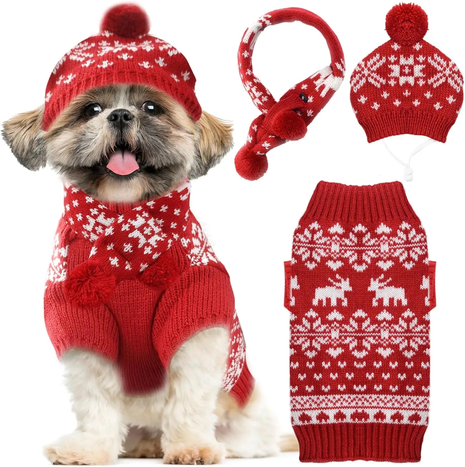 Dog Christmas Outfit 3-Piece Set - Sweater, Hat & Scarf Winter Holiday Costume Scarf + Hat + Sweater