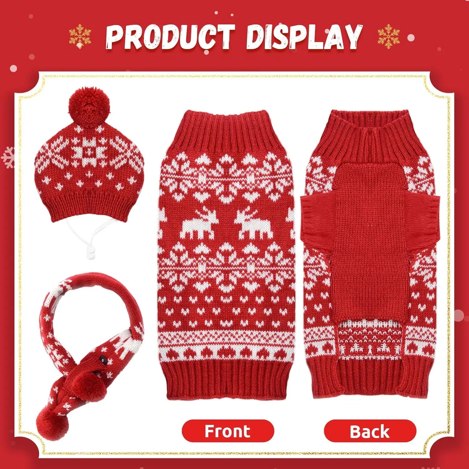 Dog Christmas Outfit 3-Piece Set - Sweater, Hat & Scarf Winter Holiday Costume