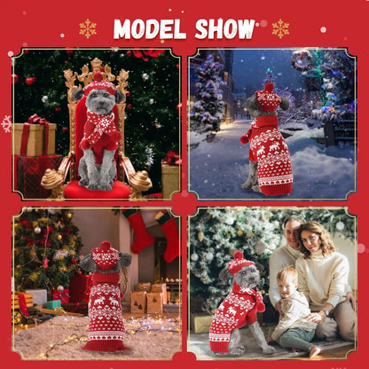 Dog Christmas Outfit 3-Piece Set - Sweater, Hat & Scarf Winter Holiday Costume