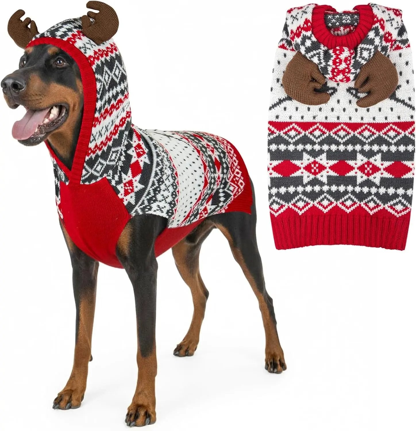 Dog Christmas Sweater w/ Antler Hood, Warm Knit, Leash Hole, XS–2XL 1 Reindeer Xx-Large (35-60Lbs)