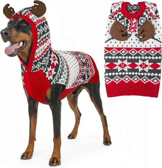 Dog Christmas Sweater w/ Antler Hood, Warm Knit, Leash Hole, XS–2XL 1 Reindeer Xx-Large (35-60Lbs)