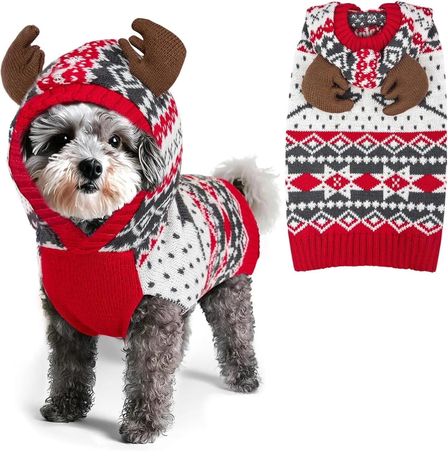 Dog Christmas Sweater w/ Antler Hood, Warm Knit, Leash Hole, XS–2XL 1 Reindeer