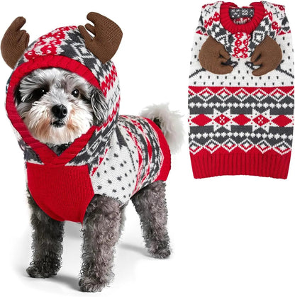 Dog Christmas Sweater w/ Antler Hood, Warm Knit, Leash Hole, XS–2XL 1 Reindeer