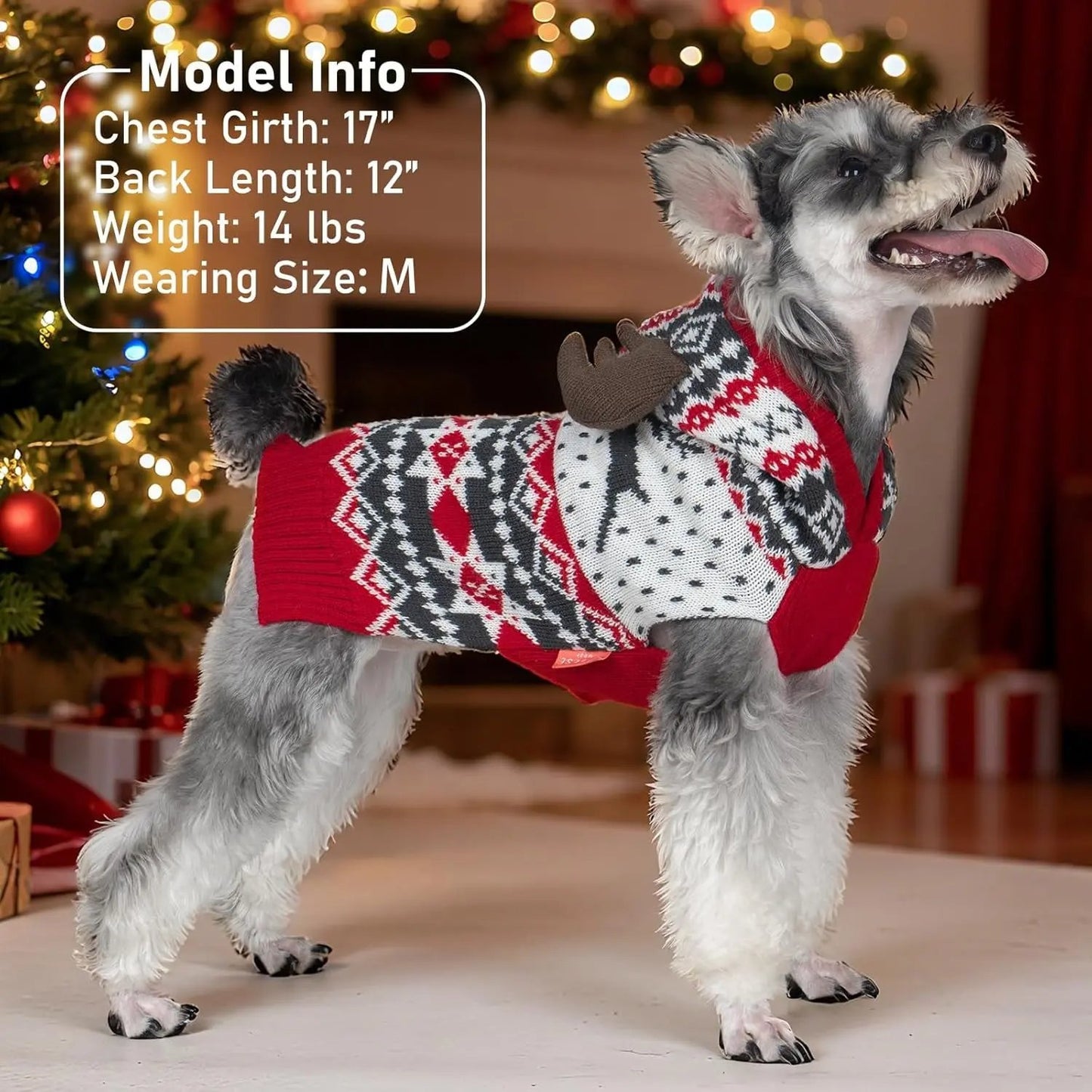 Dog Christmas Sweater w/ Antler Hood, Warm Knit, Leash Hole, XS–2XL
