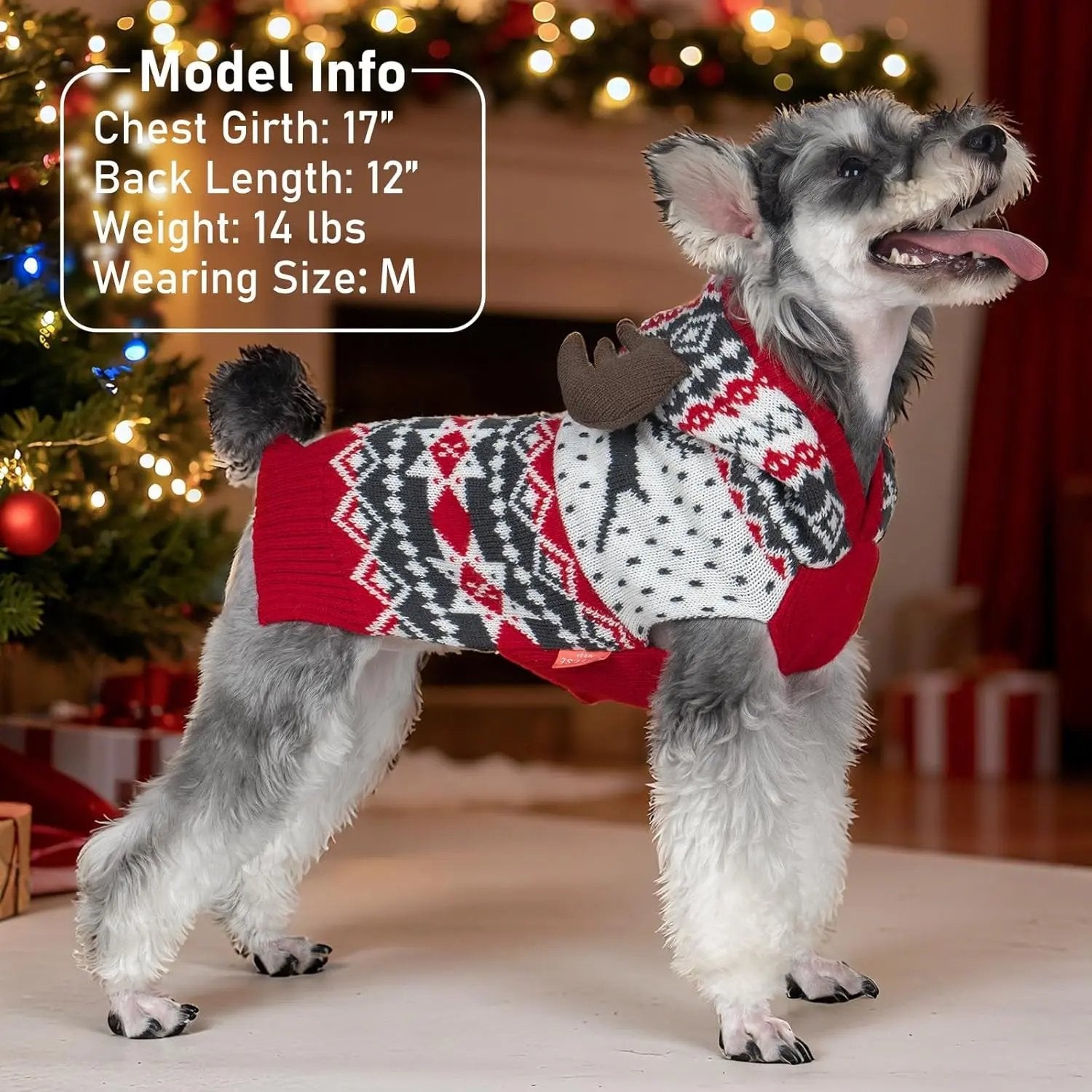 Dog Christmas Sweater w/ Antler Hood, Warm Knit, Leash Hole, XS–2XL
