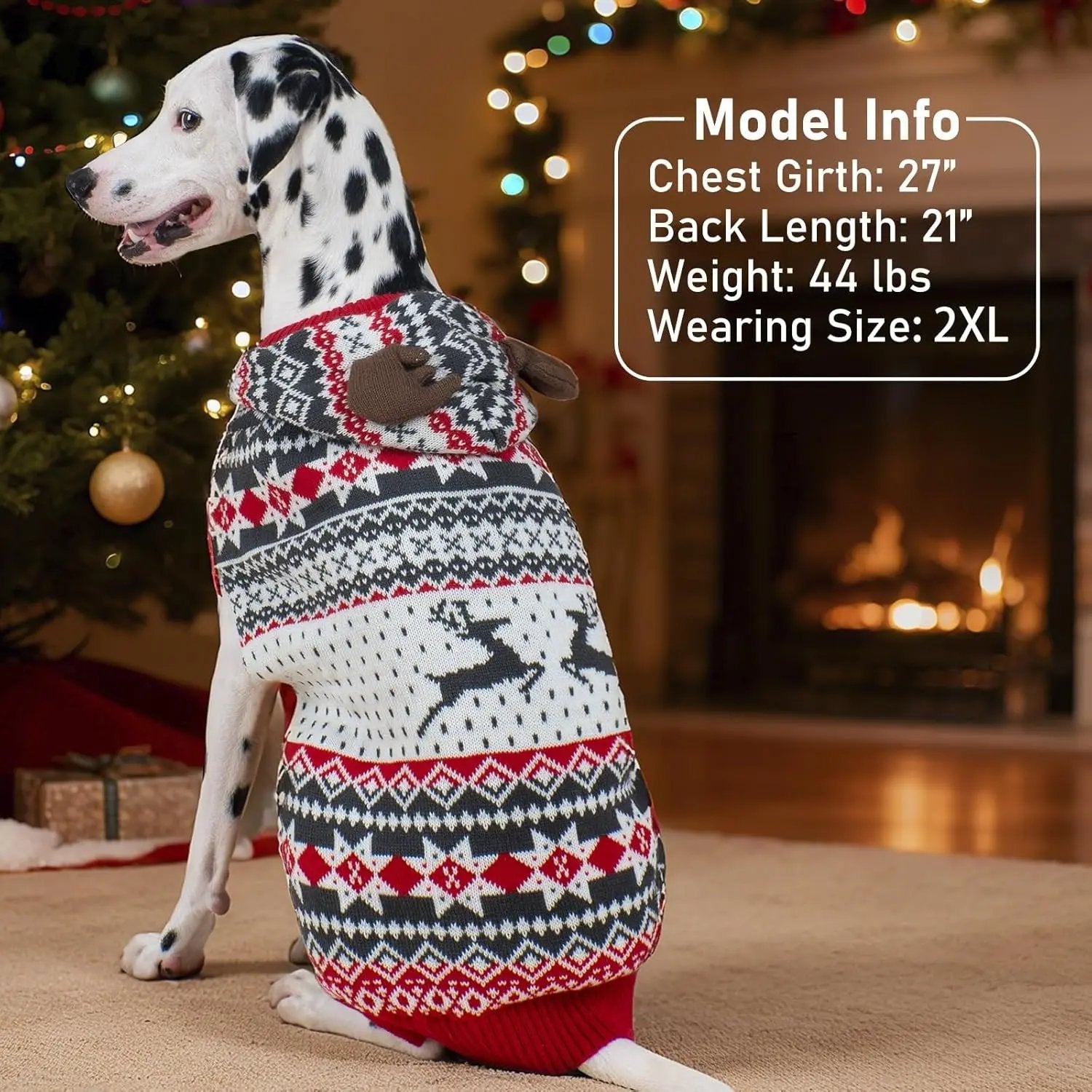 Dog Christmas Sweater w/ Antler Hood, Warm Knit, Leash Hole, XS–2XL