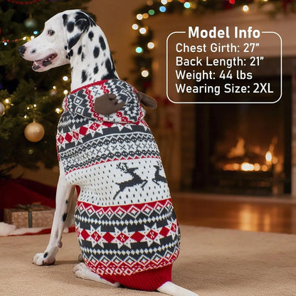 Dog Christmas Sweater w/ Antler Hood, Warm Knit, Leash Hole, XS–2XL