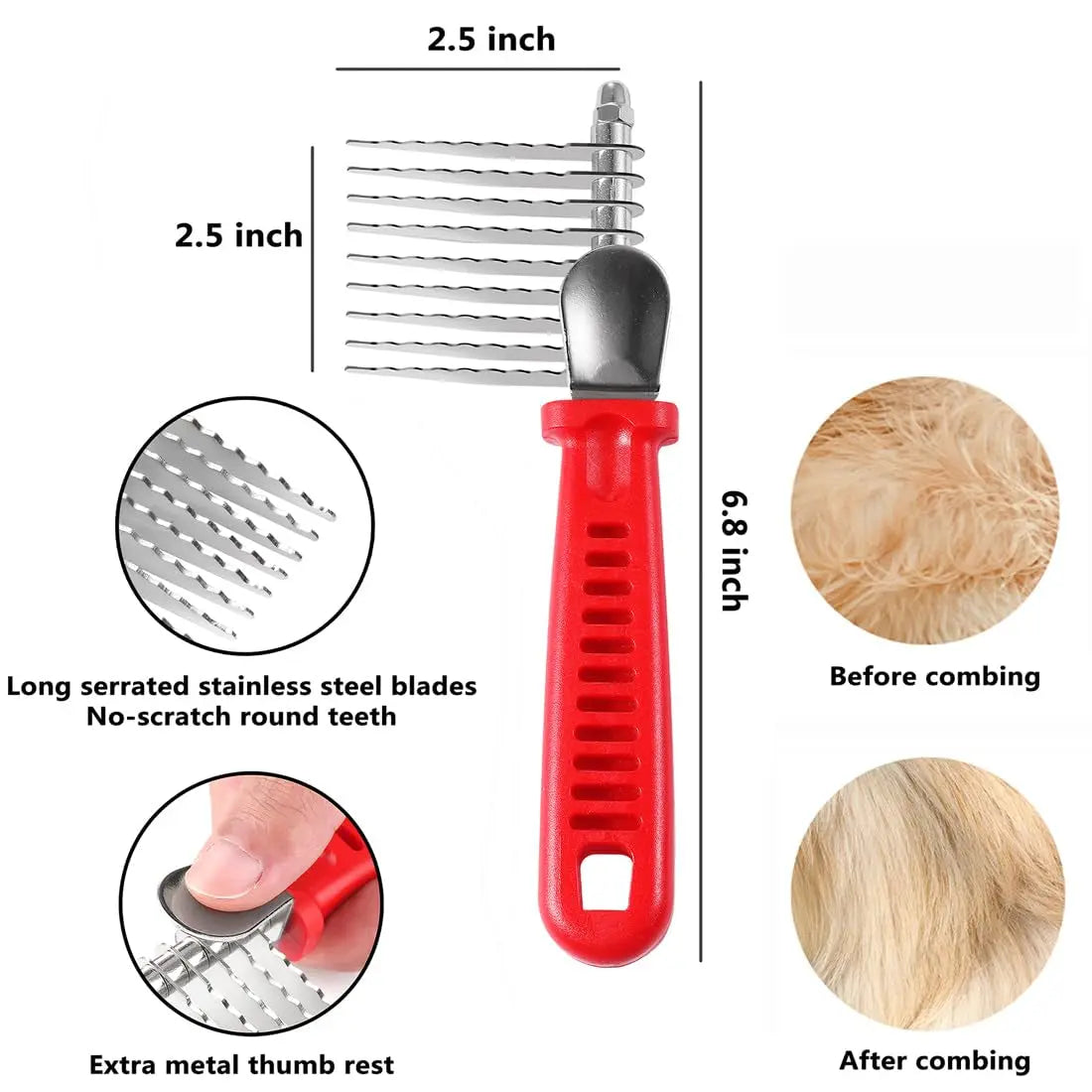 Dog Dematting Comb Stainless Steel Grooming Tool Comfort Grip