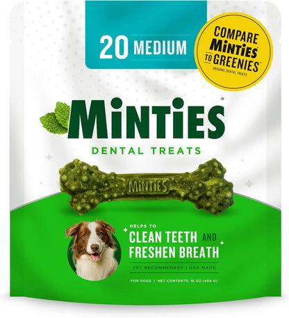 Minties Dental Dog Treats – Vet-Recommended Mint Bones for Clean Teeth Medium Mint 16 Ounces