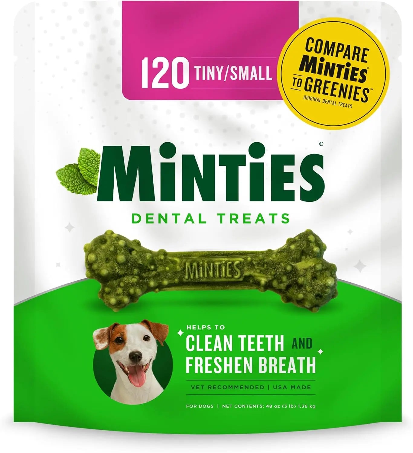 Minties Dental Dog Treats – Vet-Recommended Mint Bones for Clean Teeth Small Mint 48 Ounces