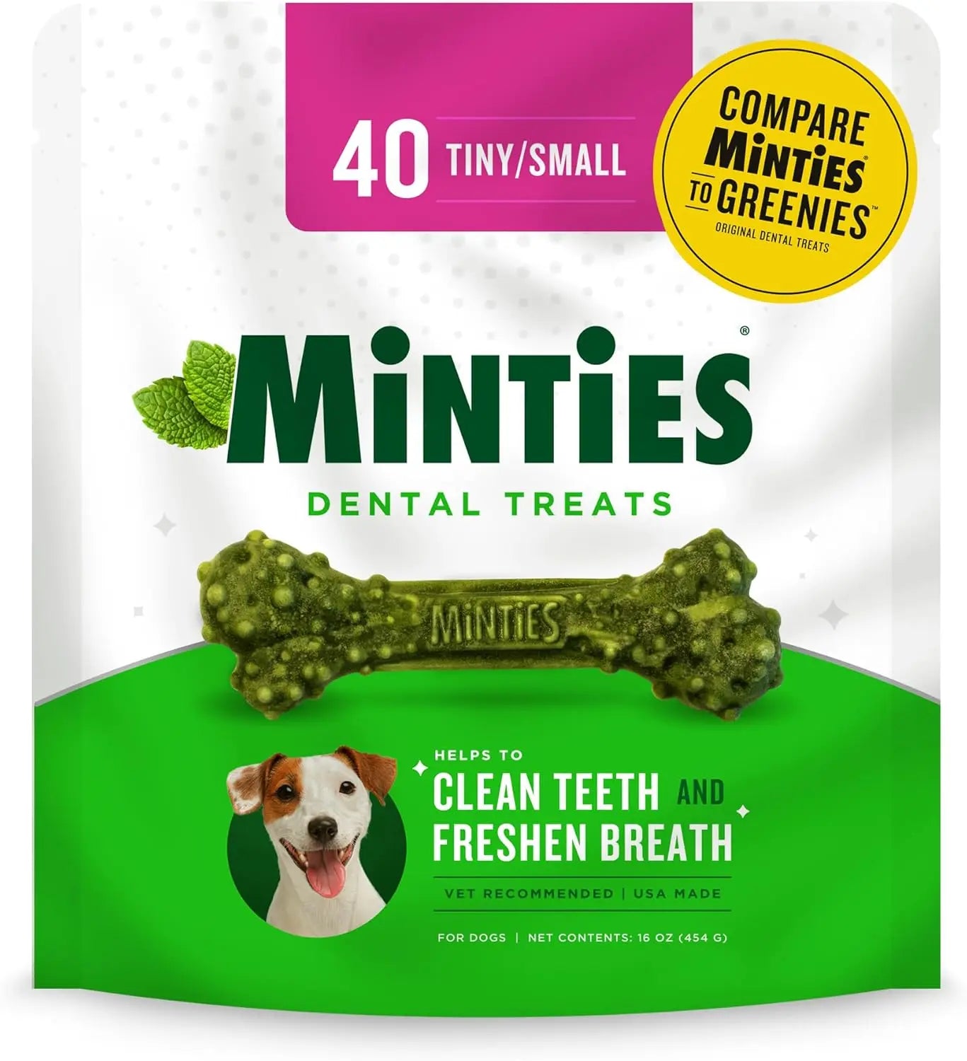 Minties Dental Dog Treats – Vet-Recommended Mint Bones for Clean Teeth Small Mint 16 Ounces