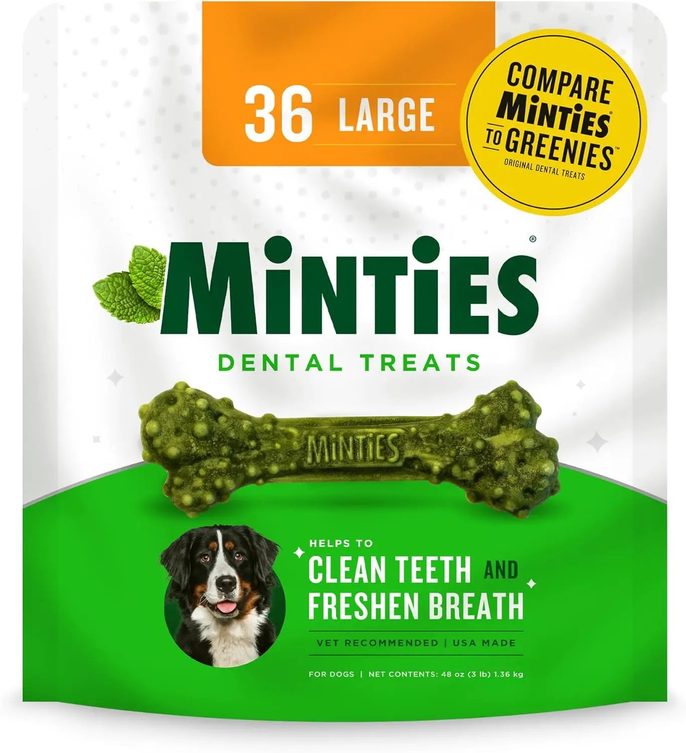 Minties Dental Dog Treats – Vet-Recommended Mint Bones for Clean Teeth Large Mint 48 Ounces