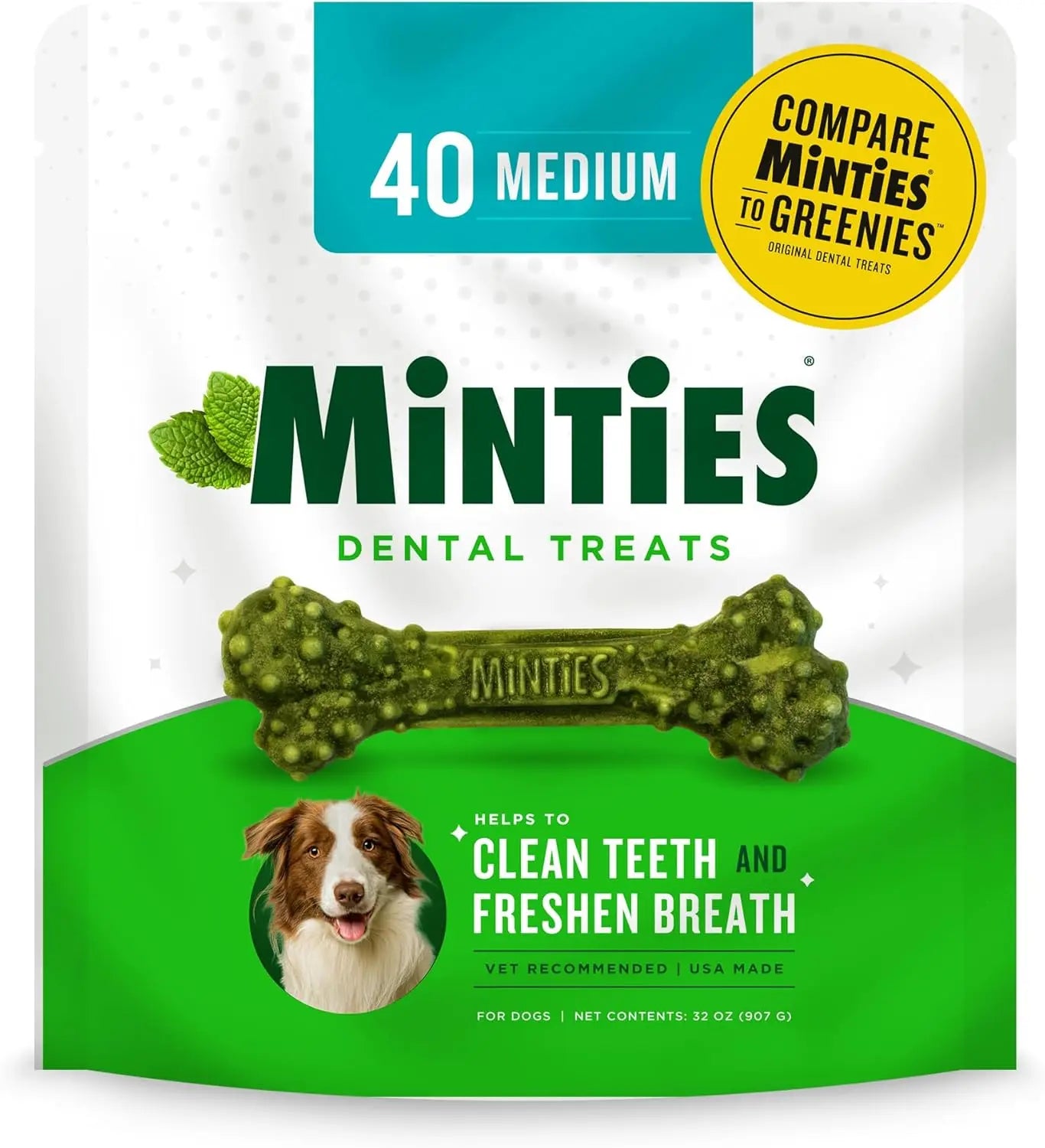 Dog Dental Chews, Vet-Recommended Mint Bones Clean Teeth, Freshen Breath & Reduce Plaque/Tartar Medium Mint 32 Ounces
