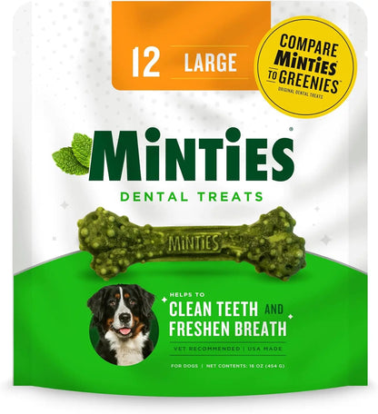 Dog Dental Chews, Vet-Recommended Mint Bones Clean Teeth, Freshen Breath & Reduce Plaque/Tartar Large Mint 16 Ounces