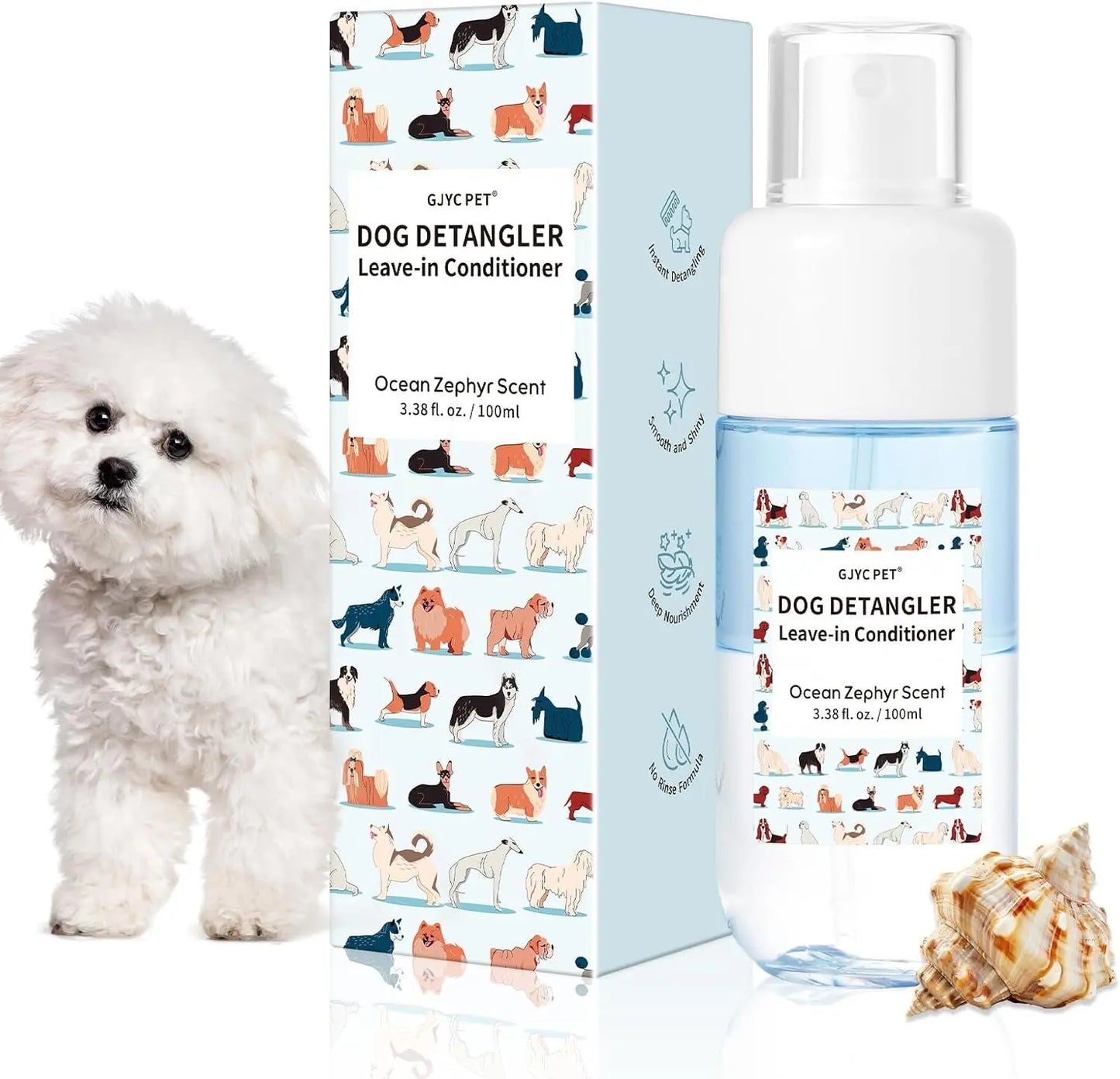 Dog Detangler & Dematting Spray Leave-In Conditioner 3.38oz Jojoba Oil 2 Scent Fresh Ocean Zephyr