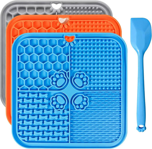 Dog Lick Mat 3-Pack, Suction Cups, Slow Feeder for Dogs & Cats, Dishwasher/Microwave Safe Blueorangegray 7.87 X 7.87 Inches