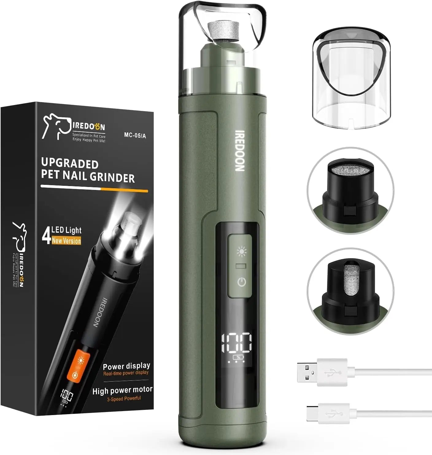 Dog Nail Grinder 3-Speed Quiet w LED Lights Professional Grooming Matte Green