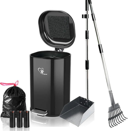 Dog Poop Trash Can w/ Lid & Rake Scooper – Odor Control Indoor/Outdoor