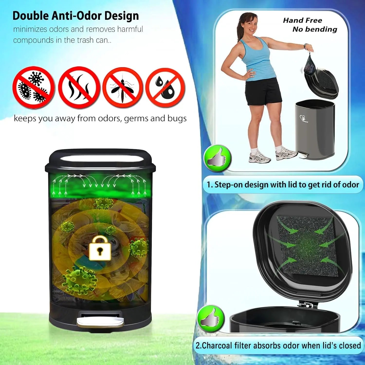 Dog Poop Trash Can w/ Lid & Rake Scooper – Odor Control Indoor/Outdoor