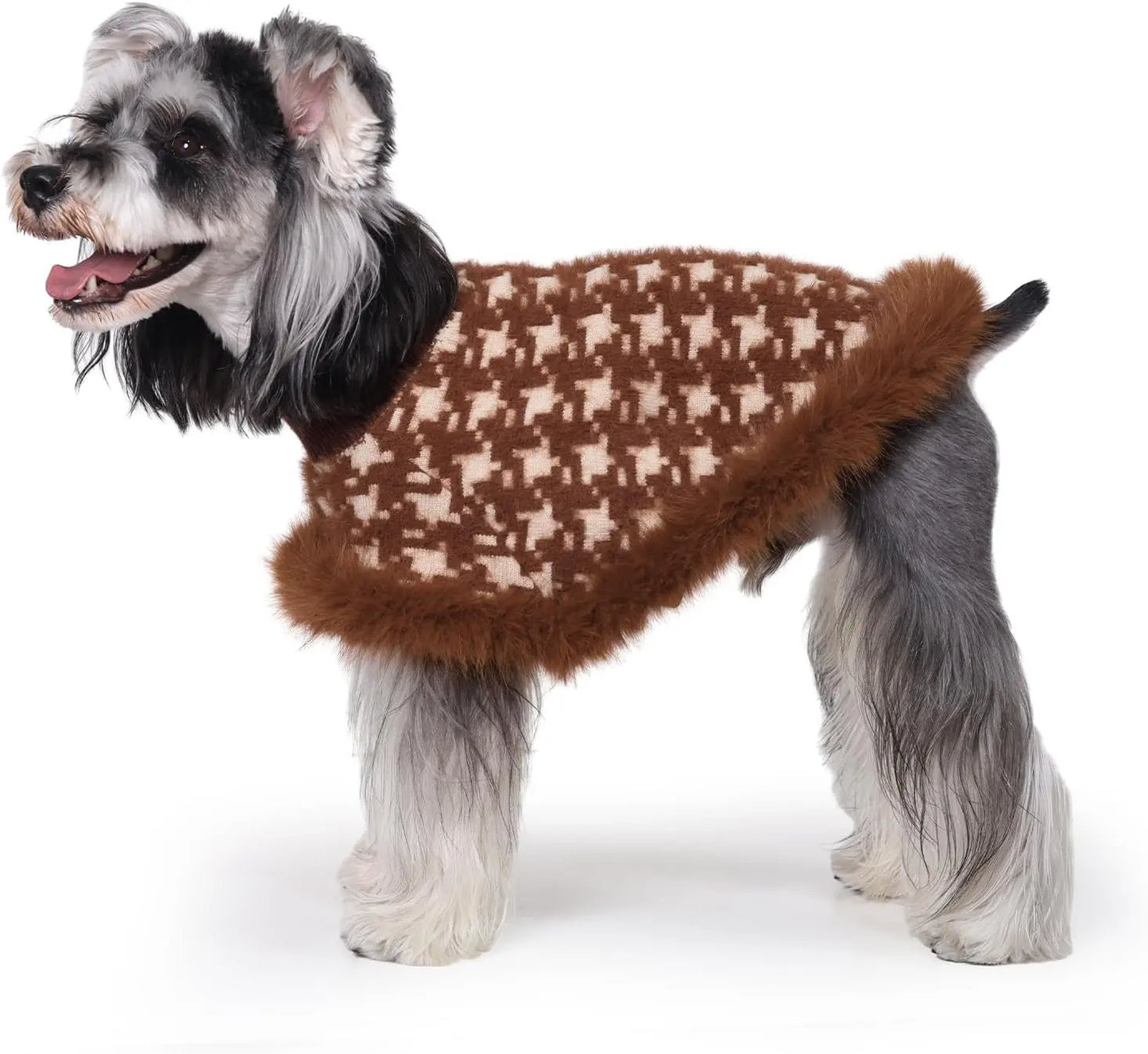Dog Sweater Cloak Turtleneck Knit Coat XS-XL Small Dogs Winter Warm Brown Houndstooth