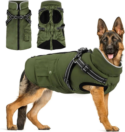 Dog Winter Coat- Built-In Harness – Waterproof Reflective Fleece Jacket XS–XXL Army Green