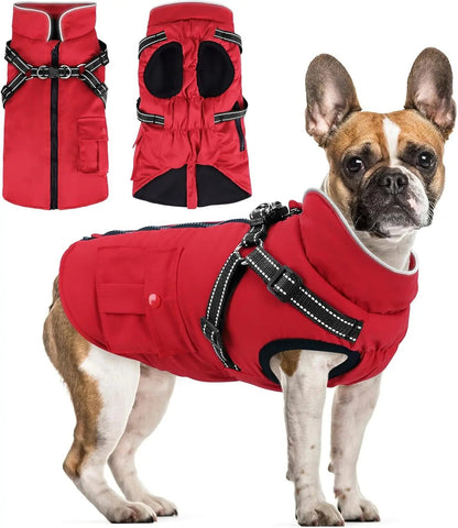 Dog Winter Coat- Built-In Harness – Waterproof Reflective Fleece Jacket XS–XXL Red