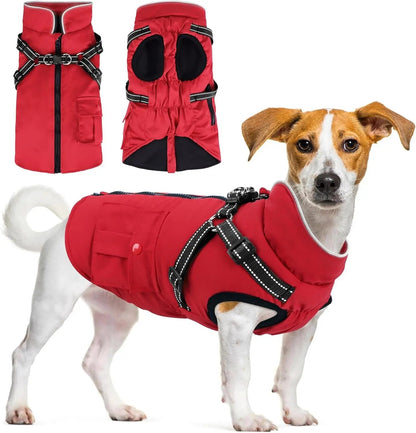 Dog Winter Coat- Built-In Harness – Waterproof Reflective Fleece Jacket XS–XXL Red X-Large