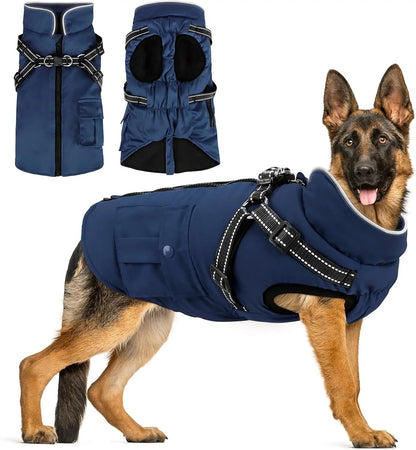 Dog Winter Coat- Built-In Harness – Waterproof Reflective Fleece Jacket XS–XXL Navy Blue