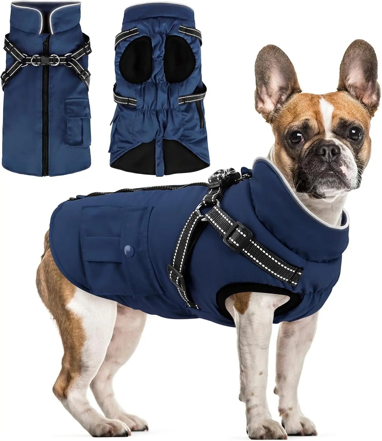 Dog Winter Coat- Built-In Harness – Waterproof Reflective Fleece Jacket XS–XXL Navy Blue
