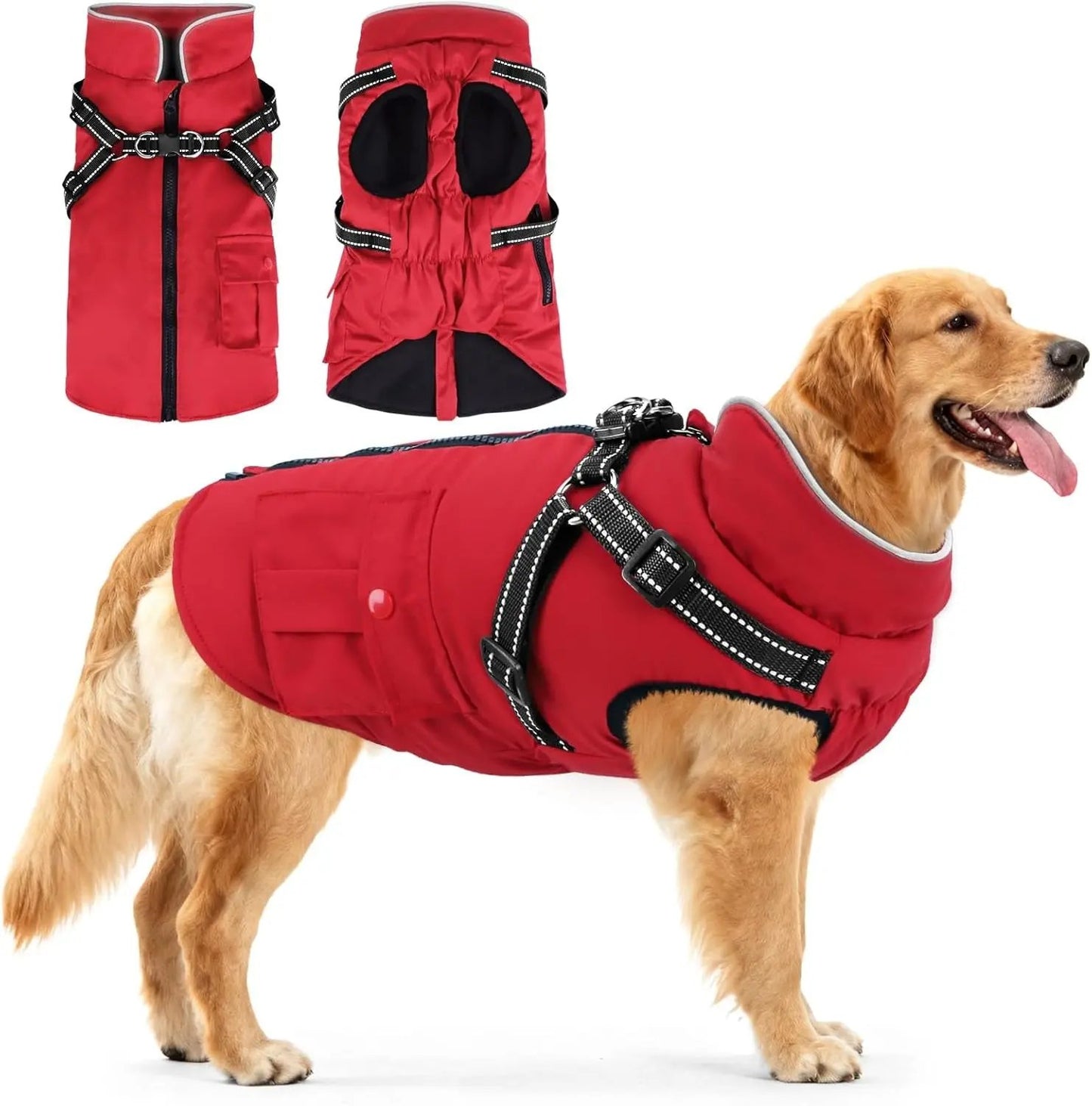 Dog Winter Coat- Built-In Harness – Waterproof Reflective Fleece Jacket XS–XXL Red Xxx-Large