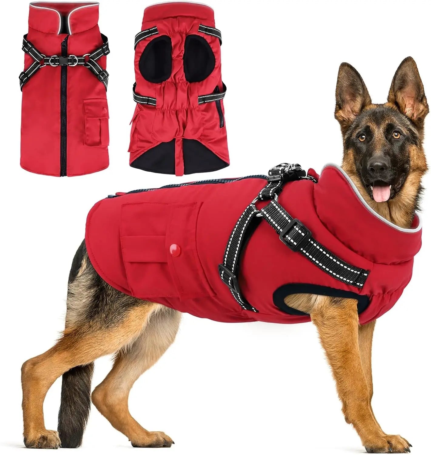 Dog Winter Coat- Built-In Harness – Waterproof Reflective Fleece Jacket XS–XXL Red