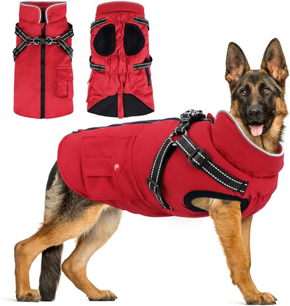 Dog Winter Coat- Built-In Harness – Waterproof Reflective Fleece Jacket XS–XXL Red