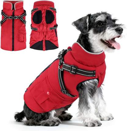 Dog Winter Coat- Built-In Harness – Waterproof Reflective Fleece Jacket XS–XXL Red Medium
