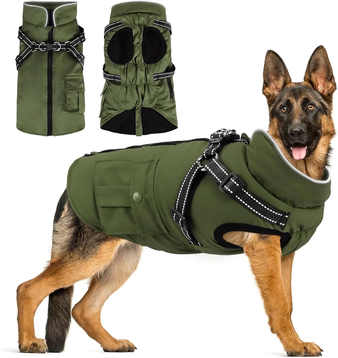 Dog Winter Coat- Built-In Harness – Waterproof Reflective Fleece Jacket XS–XXL Army Green