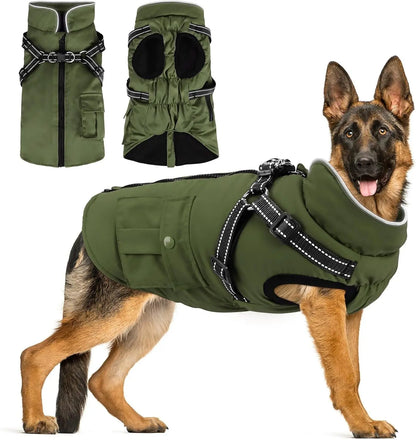 Dog Winter Coat- Built-In Harness – Waterproof Reflective Fleece Jacket XS–XXL Army Green