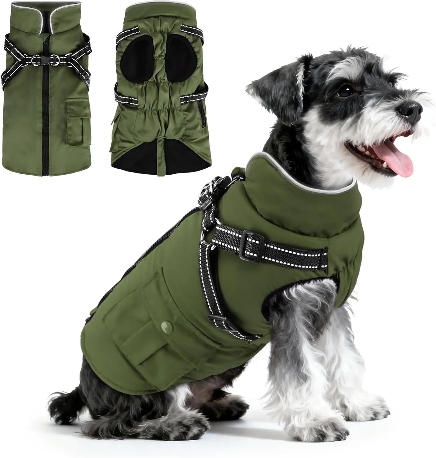 Dog Winter Coat- Built-In Harness – Waterproof Reflective Fleece Jacket XS–XXL Army Green Medium