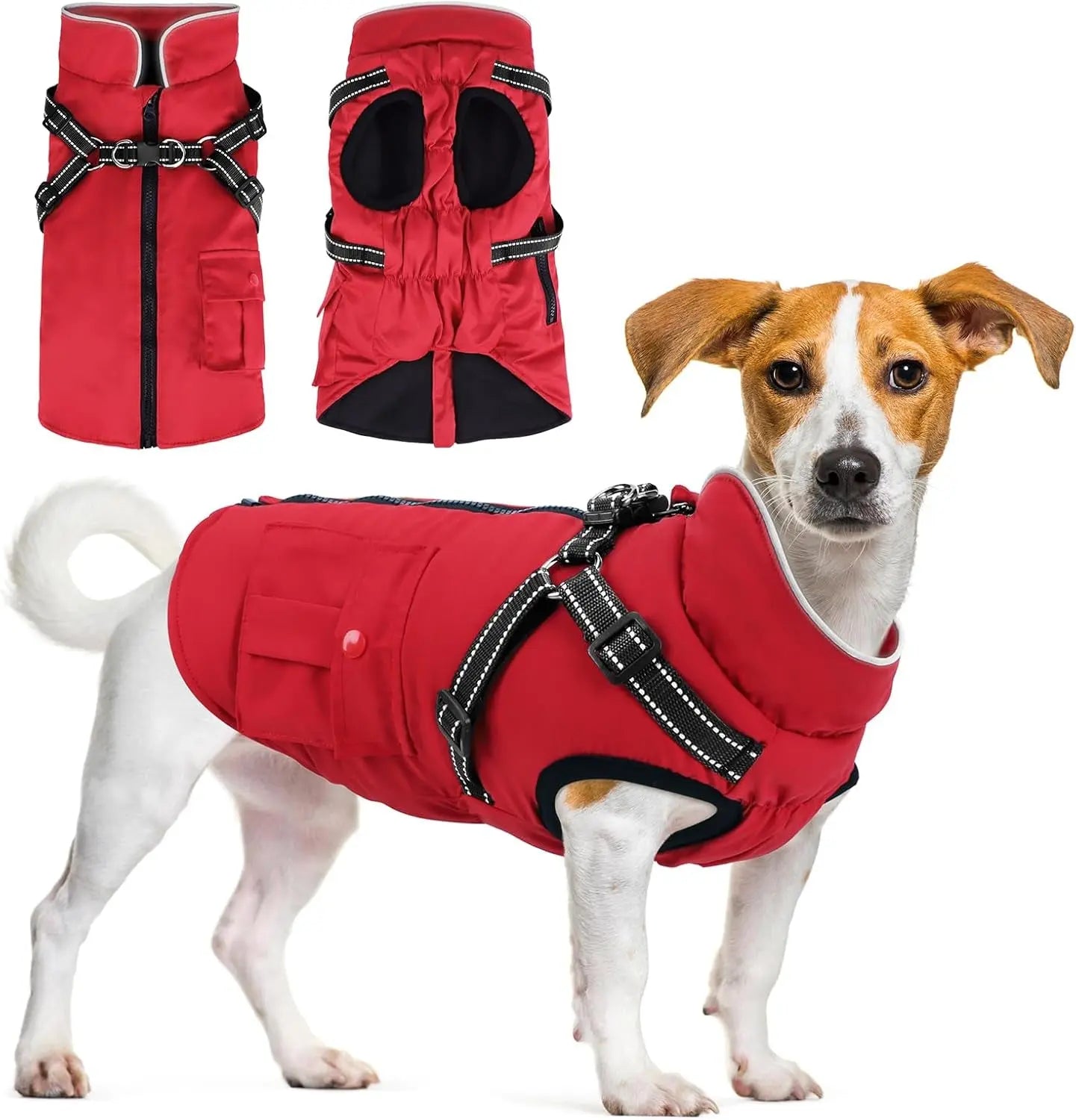 Dog Winter Coat- Built-In Harness – Waterproof Reflective Fleece Jacket XS–XXL Red X-Large