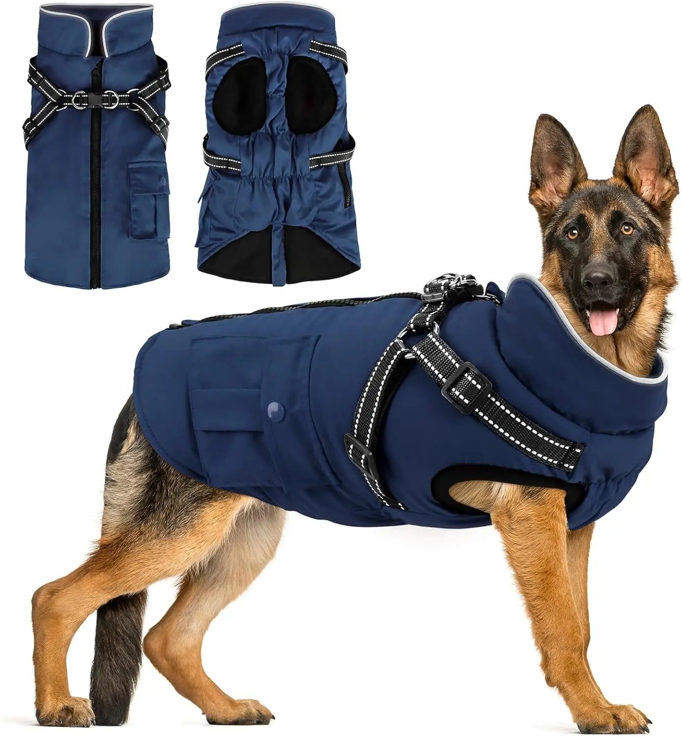 Dog Winter Coat- Built-In Harness – Waterproof Reflective Fleece Jacket XS–XXL Navy Blue