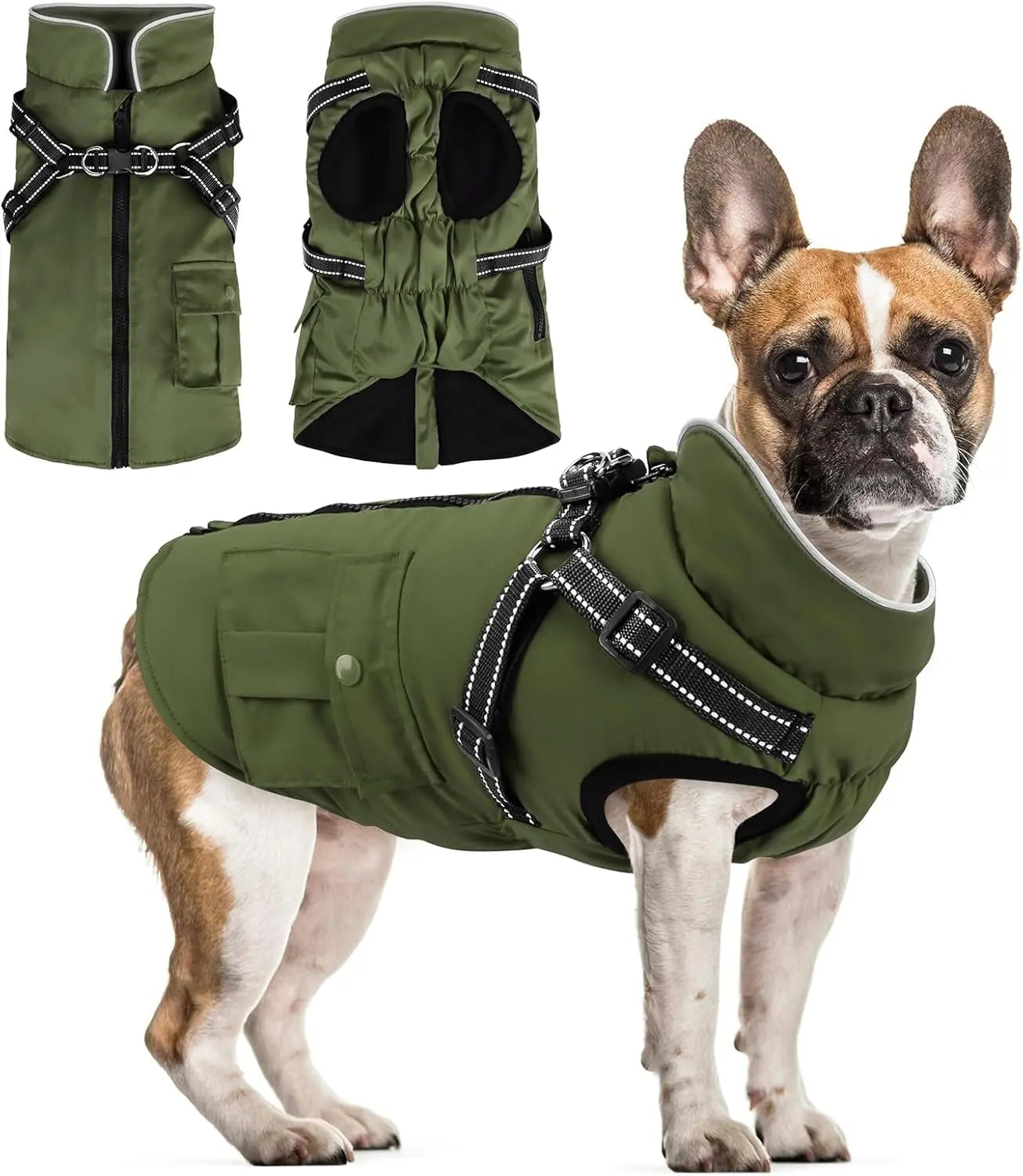Dog Winter Coat- Built-In Harness – Waterproof Reflective Fleece Jacket XS–XXL Army Green