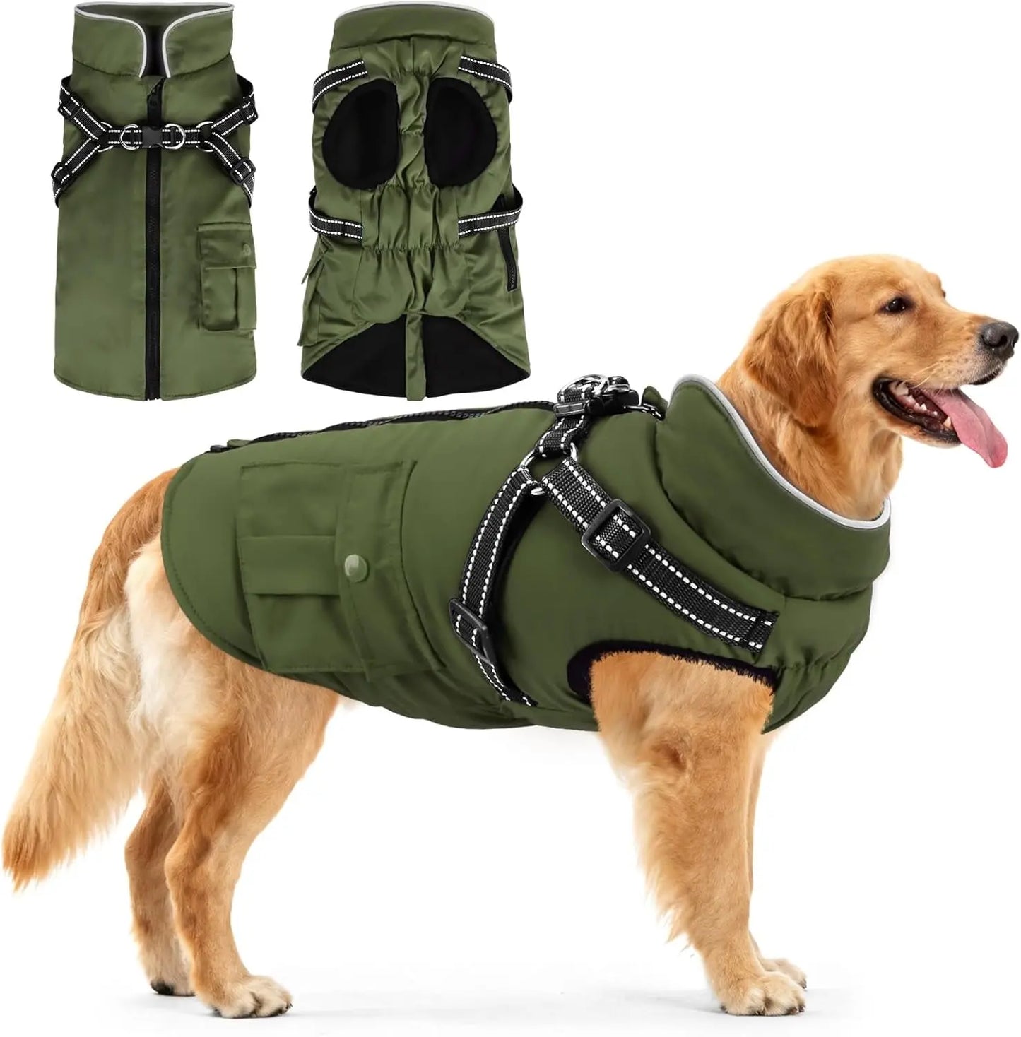 Dog Winter Coat- Built-In Harness – Waterproof Reflective Fleece Jacket XS–XXL