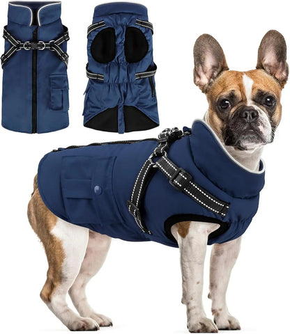 Dog Winter Coat- Built-In Harness – Waterproof Reflective Fleece Jacket XS–XXL Navy Blue