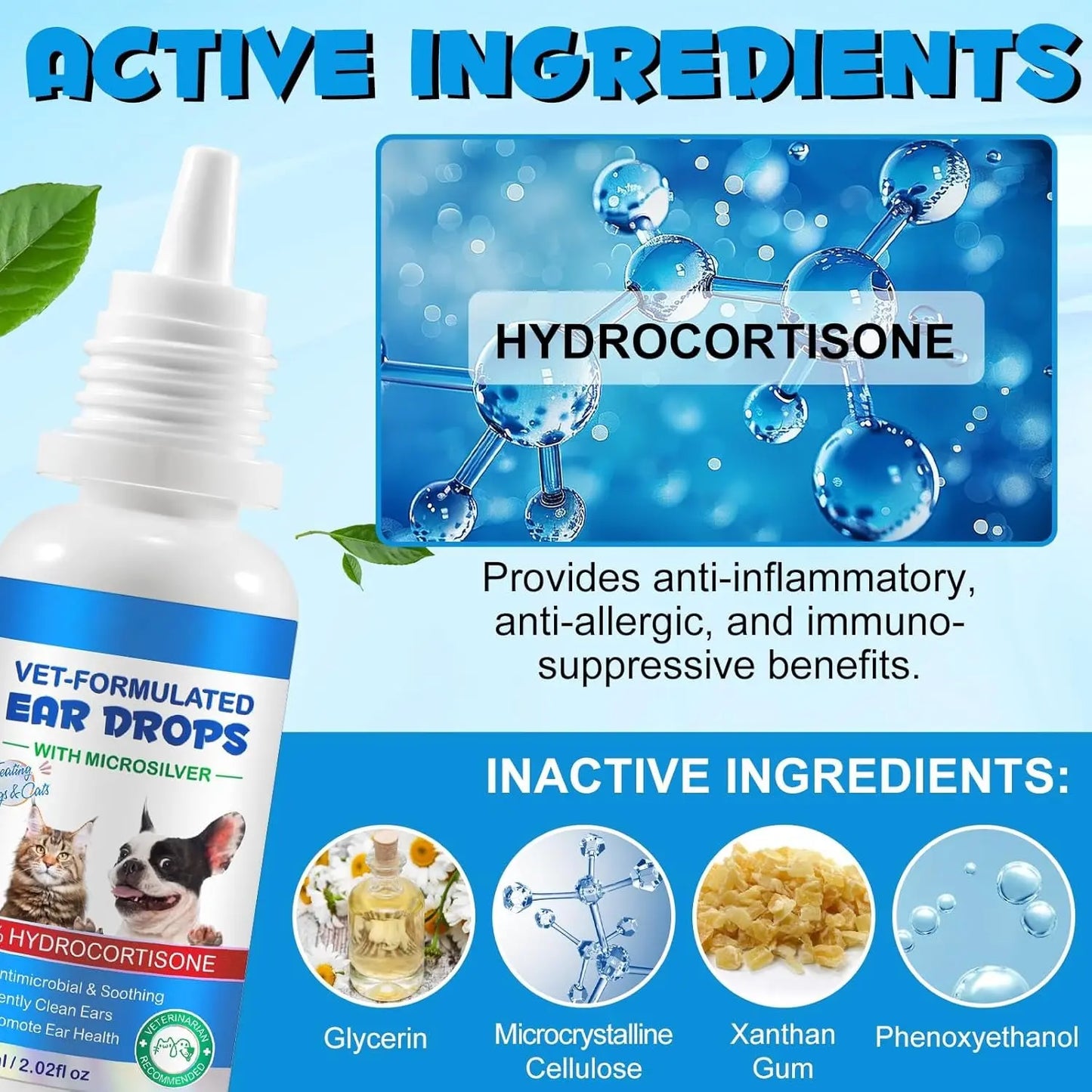 Dog & Cat Ear Cleaning Drops with 1% Hydrocortisone, Itchy Ear Relief