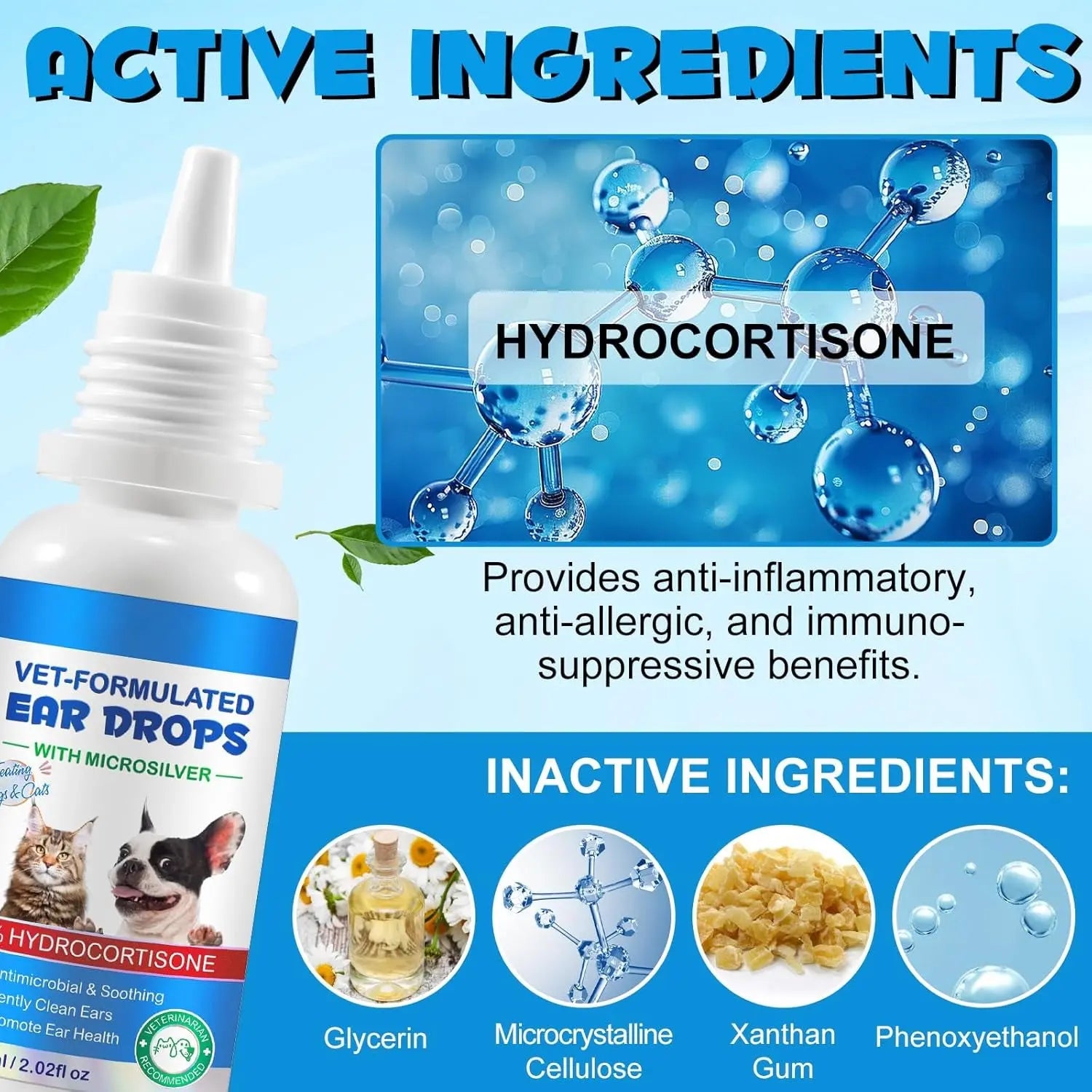 Dog & Cat Ear Cleaning Drops with 1% Hydrocortisone, Itchy Ear Relief