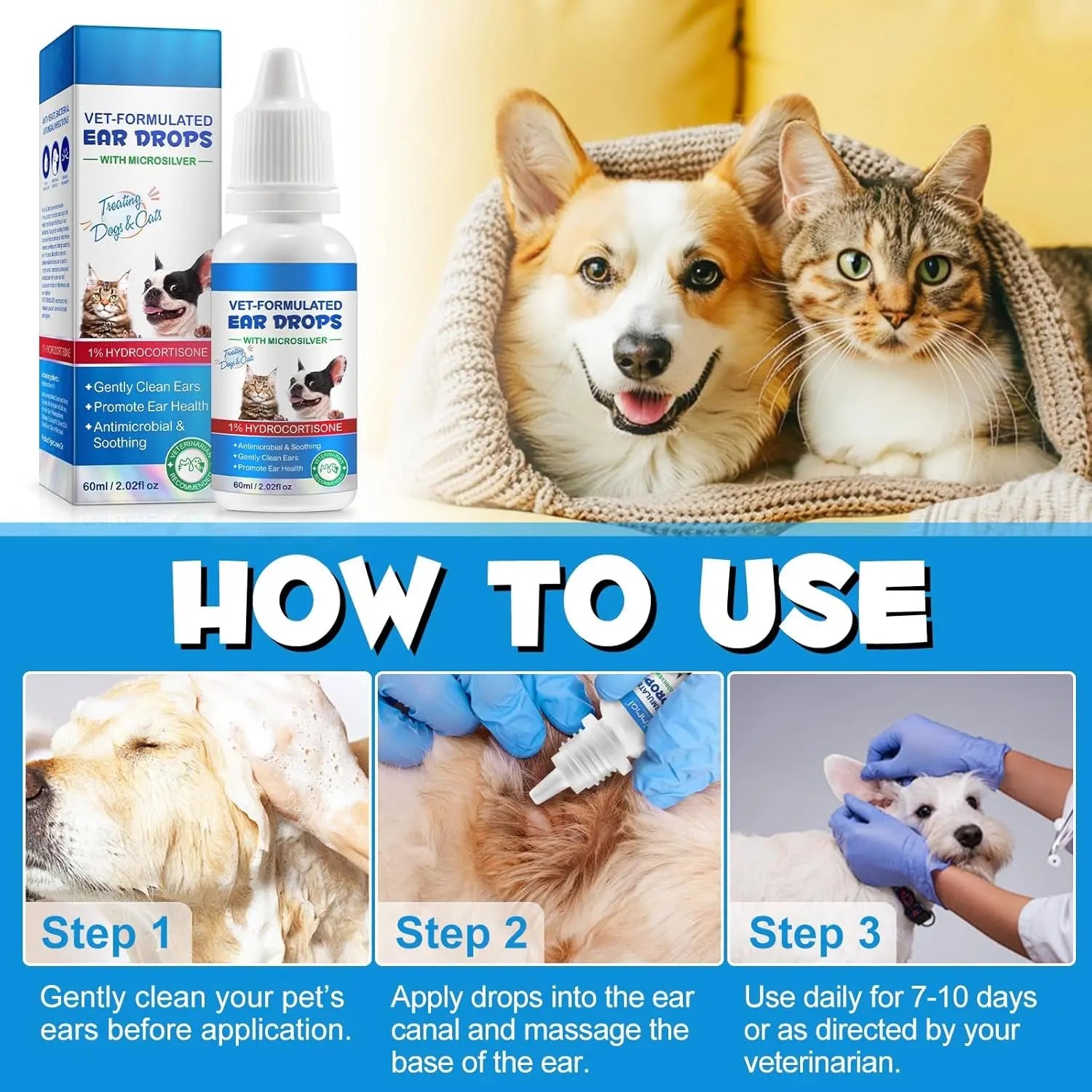 Dog & Cat Ear Cleaning Drops with 1% Hydrocortisone, Itchy Ear Relief
