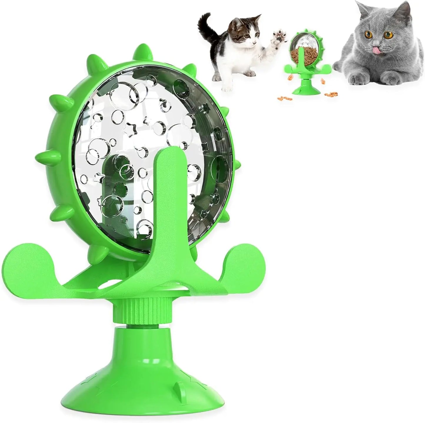 Dog & Cat Treat Dispenser Toy, 360° Rotating Interactive Feeder w/ Strong Suction Cup Green