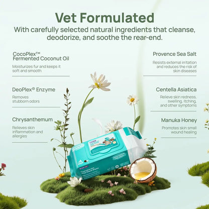 Dog & Cat Wipes – Cleansing & Deodorizing with Coconut Oil. Soothes allergies, anal glands, paws & removes stains