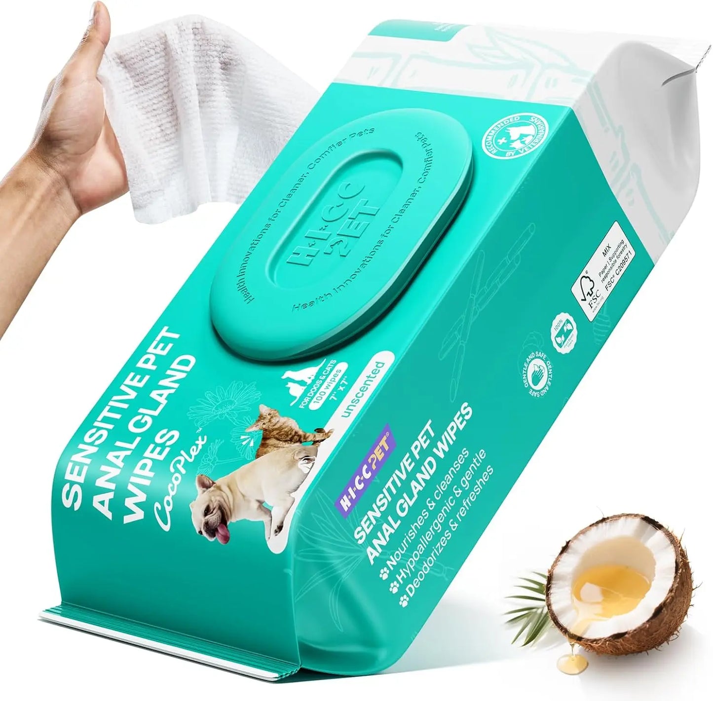 Dog & Cat Wipes – Cleansing & Deodorizing with Coconut Oil. Soothes allergies, anal glands, paws & removes stains Unscented 100 Counts (Thicken)