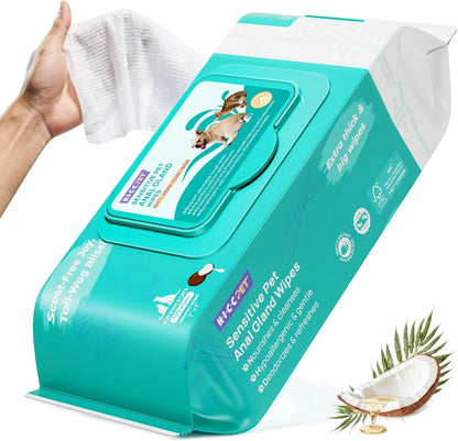 Dog & Cat Wipes – Cleansing & Deodorizing with Coconut Oil. Soothes allergies, anal glands, paws & removes stains Light Coconut 100 Counts (Thicken)