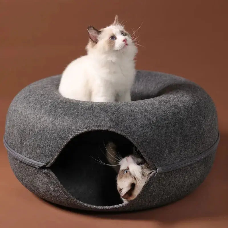 Donut Cat Tunnel Bed with Felt House – Cat Toy, Hideaway & Play Tunnel for Kittens