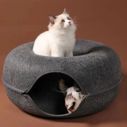 Donut Cat Tunnel Bed with Felt House – Cat Toy, Hideaway & Play Tunnel for Kittens